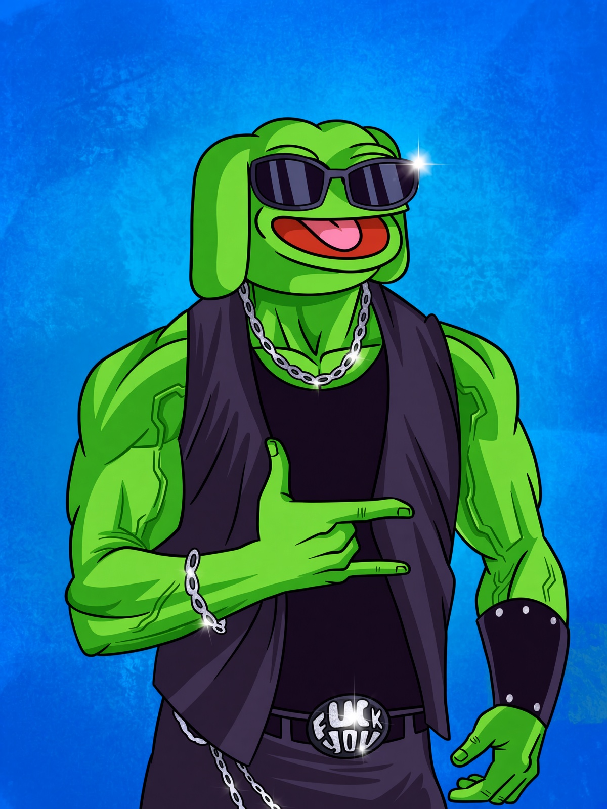 Randy character art – muscular green version of Andy in sunglasses and vest